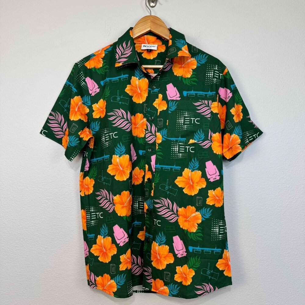 Roody Mens Button Up Short Sleeve Hawaiian Floral Print Shirt Green Size S